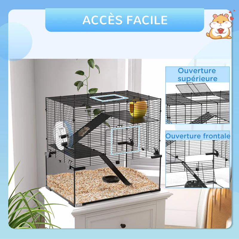 Cage pour rongeur multi niveaux 60 x 40 x 54.5 cm espace spacieux et accès facile moderne épuré en fil d'acier noir 21_0007962