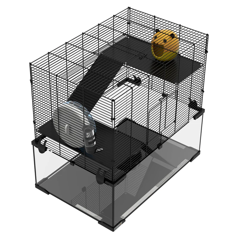 Cage pour rongeur multi niveaux 60 x 40 x 54.5 cm espace spacieux et accès facile moderne épuré en fil d'acier noir 21_0007962