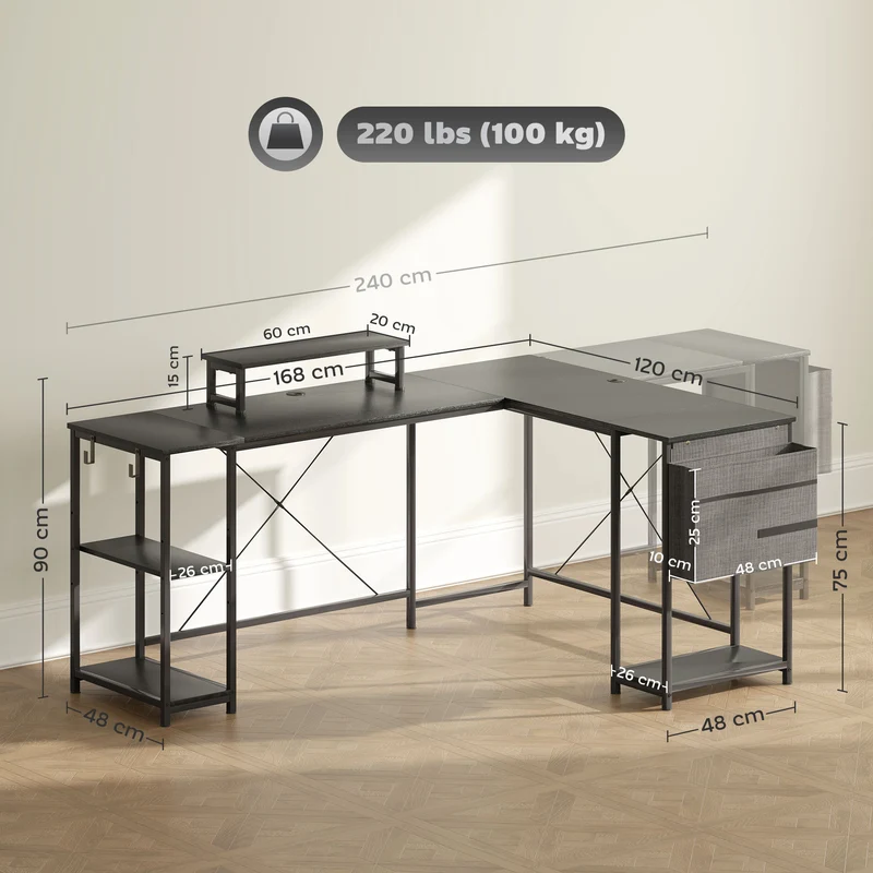 Bureau d'angle modulable 168 x 120 x 90 cm rangements modulables support écran industriel contemporain en bois noir 21_0006135