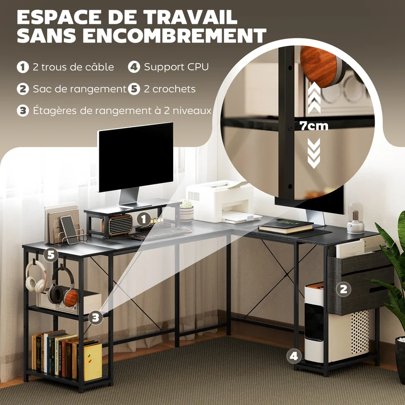 Bureau d'angle modulable 168 x 120 x 90 cm rangements modulables support écran industriel contemporain en bois noir 21_0006135