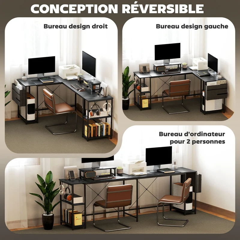Bureau d'angle modulable 168 x 120 x 90 cm rangements modulables support écran industriel contemporain en bois noir 21_0006135