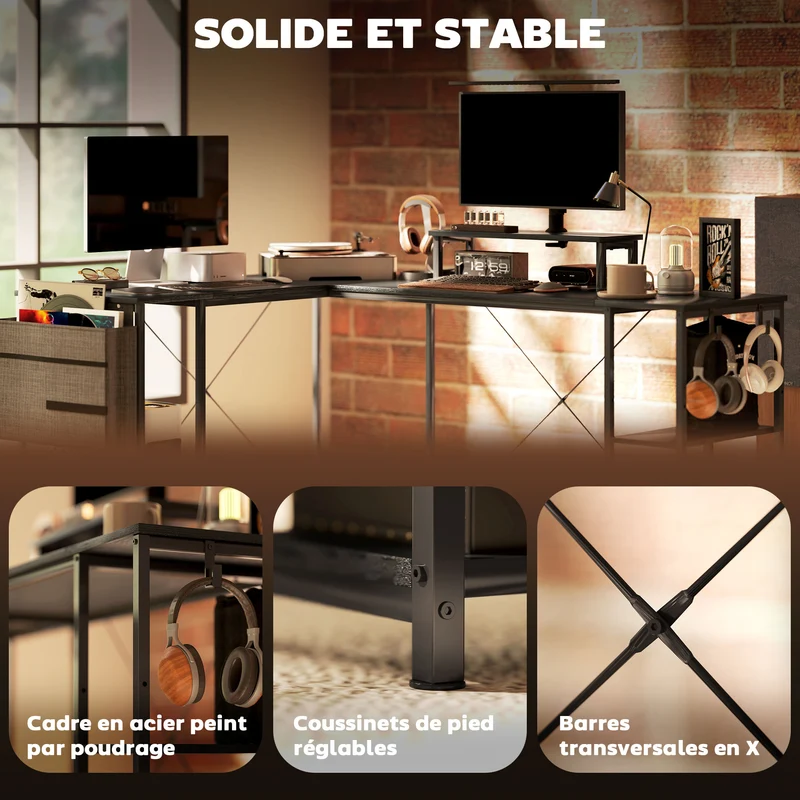 Bureau d'angle modulable 168 x 120 x 90 cm rangements modulables support écran industriel contemporain en bois noir 21_0006135