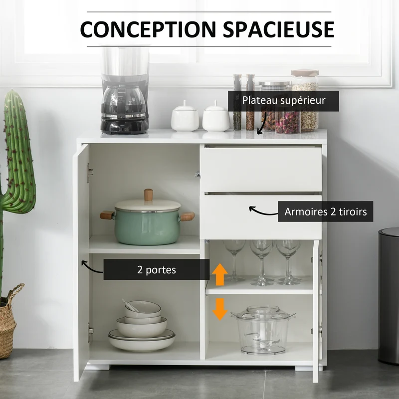 Buffet de rangement salon 79 x 36 x 74 cm 2 tiroirs 2 portes étagère réglable épuré cosy en panneaux de particules blanc 21_0002827