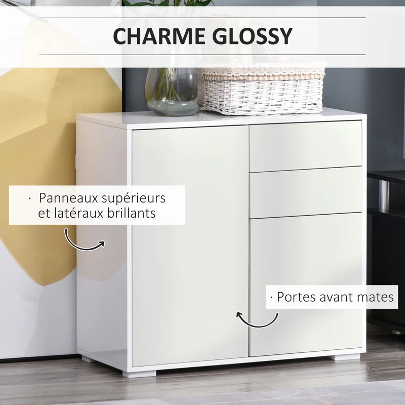 Buffet de rangement salon 79 x 36 x 74 cm 2 tiroirs 2 portes étagère réglable épuré cosy en panneaux de particules blanc 21_0002827