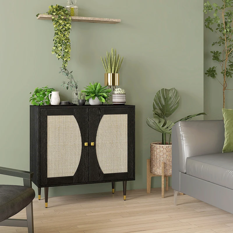 Buffet de cuisine 80 x 38 x 79 cm grand rangement sécurisé façade cannage design vintage en panneau de particules noir 21_0003165