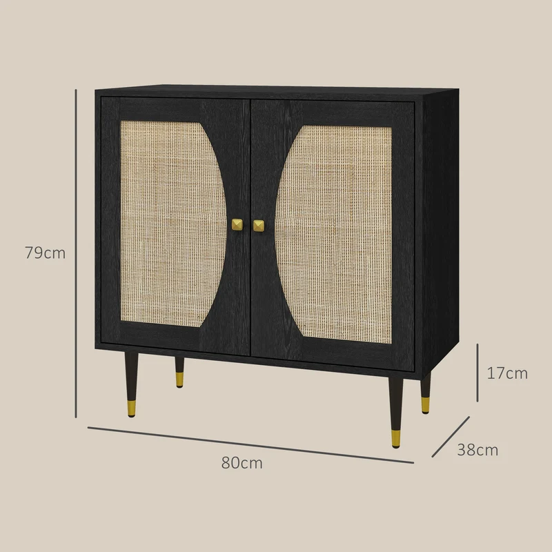 Buffet de cuisine 80 x 38 x 79 cm grand rangement sécurisé façade cannage design vintage en panneau de particules noir 21_0003165