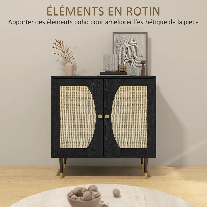 Buffet de cuisine 80 x 38 x 79 cm grand rangement sécurisé façade cannage design vintage en panneau de particules noir 21_0003165