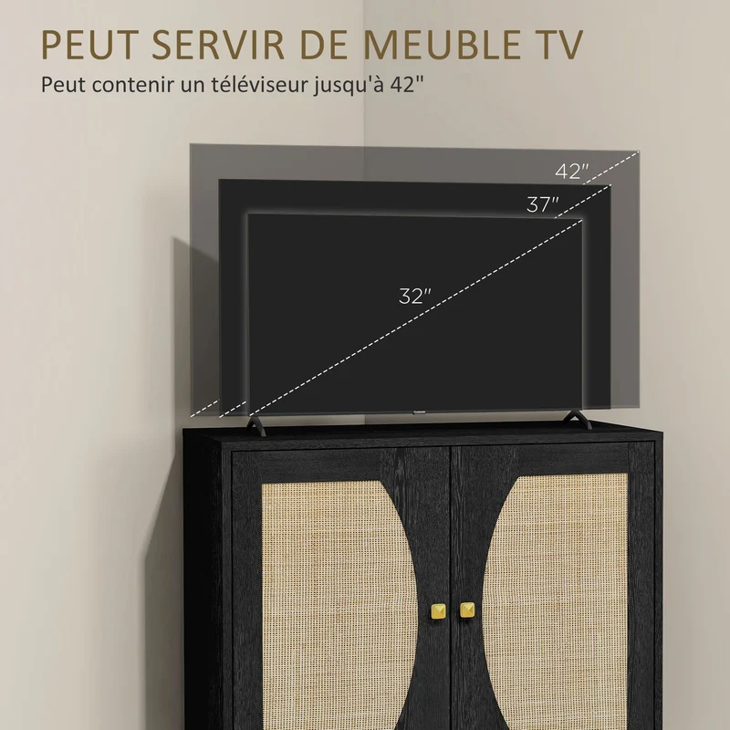 Buffet de cuisine 80 x 38 x 79 cm grand rangement sécurisé façade cannage design vintage en panneau de particules noir 21_0003165