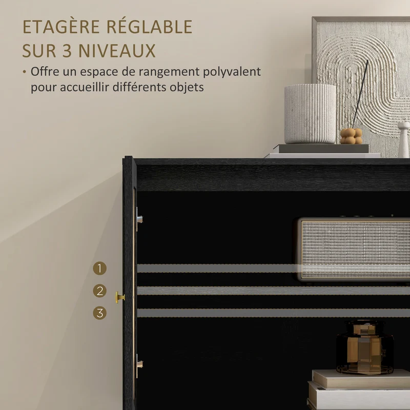 Buffet de cuisine 80 x 38 x 79 cm grand rangement sécurisé façade cannage design vintage en panneau de particules noir 21_0003165