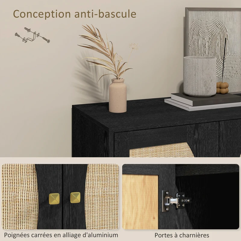 Buffet de cuisine 80 x 38 x 79 cm grand rangement sécurisé façade cannage design vintage en panneau de particules noir 21_0003165
