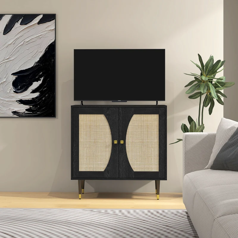 Buffet de cuisine 80 x 38 x 79 cm grand rangement sécurisé façade cannage design vintage en panneau de particules noir 21_0003165