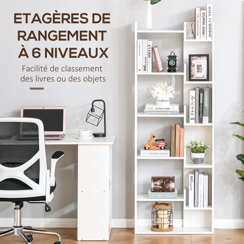 Bibliothèque étagère de rangement 6 niveaux 60 x 21 x 162.5 cm gain de place et exposition contemporain en MDF blanc 21_0002433