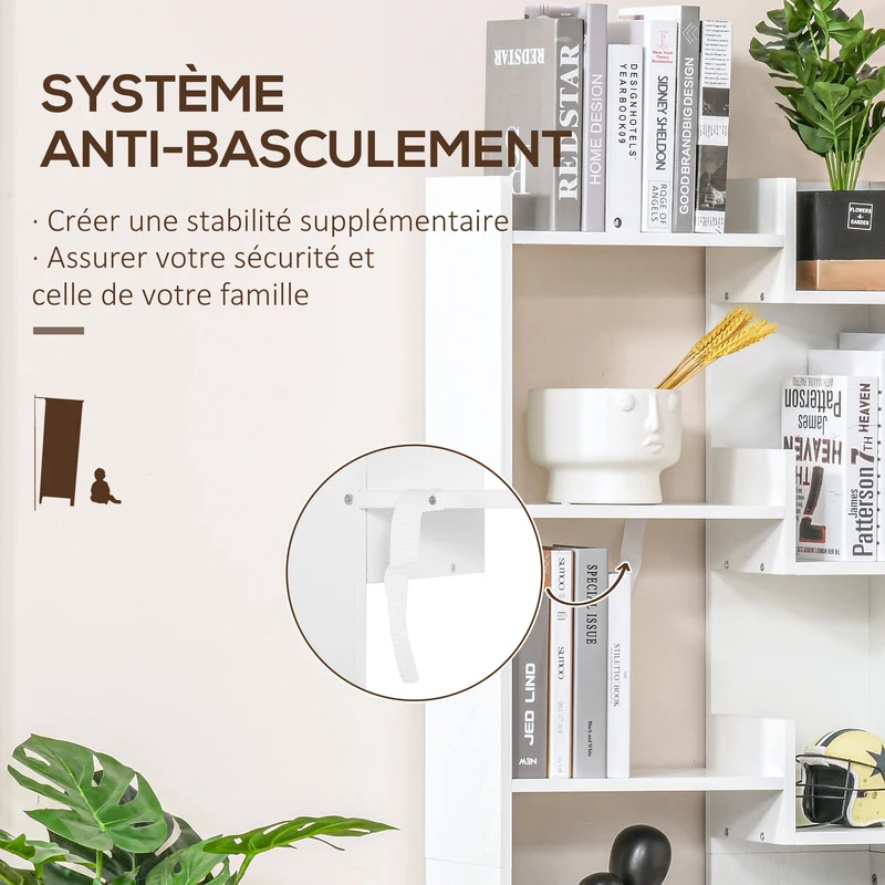 Bibliothèque étagère de rangement 6 niveaux 60 x 21 x 162.5 cm gain de place et exposition contemporain en MDF blanc 21_0002433