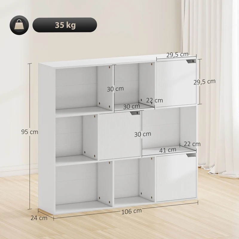 Bibliothèque de rangement 106 x 24 x 95 cm portes magnétiques anti-basculement moderne en panneau de particules blanc 21_0002551
