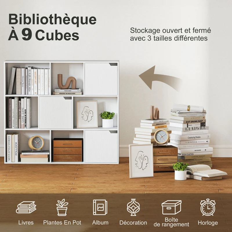 Bibliothèque de rangement 106 x 24 x 95 cm portes magnétiques anti-basculement moderne en panneau de particules blanc 21_0002551