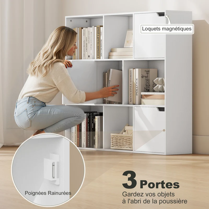 Bibliothèque de rangement 106 x 24 x 95 cm portes magnétiques anti-basculement moderne en panneau de particules blanc 21_0002551