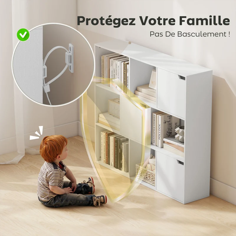 Bibliothèque de rangement 106 x 24 x 95 cm portes magnétiques anti-basculement moderne en panneau de particules blanc 21_0002551