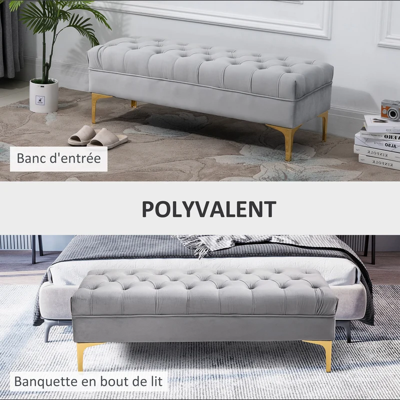 Banquette bout de lit capitonnée 118 x 45 x 42 cm assise douce rangement discret style classique en velours gris clair 21_0001416