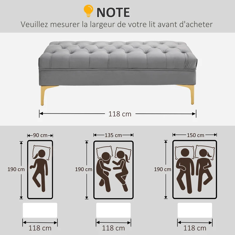 Banquette bout de lit capitonnée 118 x 45 x 42 cm assise douce rangement discret style classique en velours gris clair 21_0001416