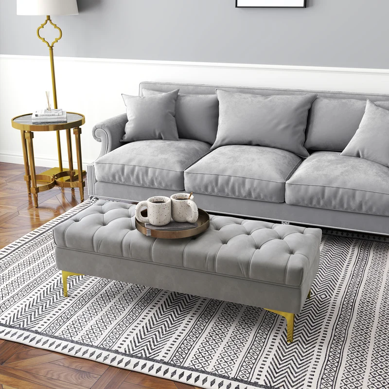 Banquette bout de lit capitonnée 118 x 45 x 42 cm assise douce rangement discret style classique en velours gris clair 21_0001416