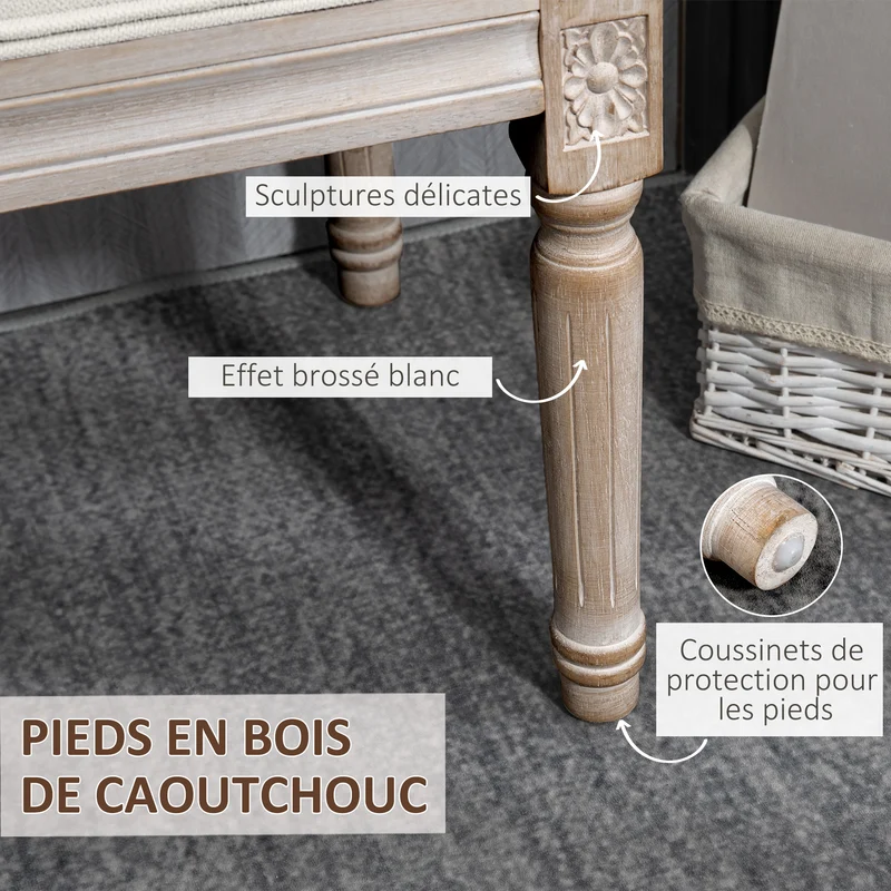 Banc bout de lit demi-lune 110 x 44 x 49 cm assise rembourrée mousse épaisse multifonction vintage en polyester crème 21_0001581