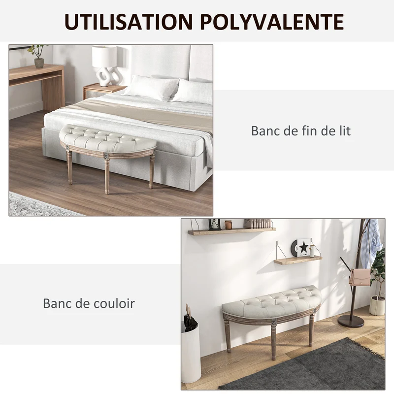 Banc bout de lit demi-lune 110 x 44 x 49 cm assise rembourrée mousse épaisse multifonction vintage en polyester crème 21_0001581
