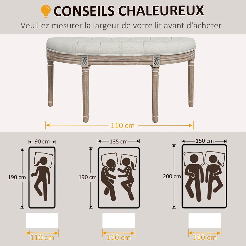 Banc bout de lit demi-lune 110 x 44 x 49 cm assise rembourrée mousse épaisse multifonction vintage en polyester crème 21_0001581