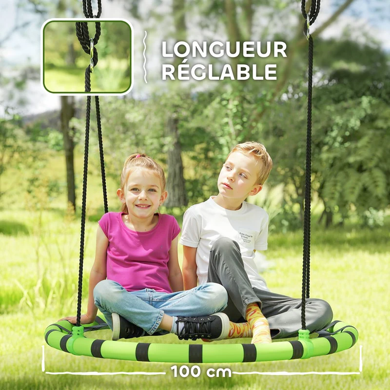 Balançoire nid d'oiseau suspendue pour enfant 100 x 180 cm supporte 150 kg cordes réglables scandinave en métal noir 21_0000380
