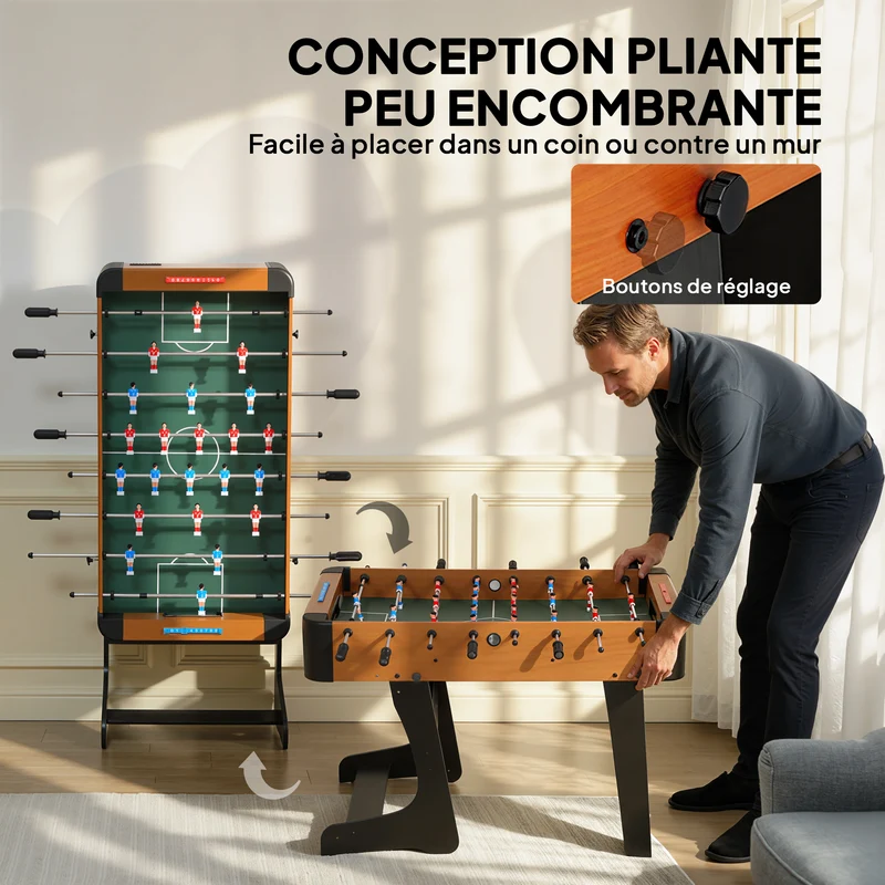 Baby-foot pliable table 118 x 107,5 x 78 cm rangement compact sûr stabilité renforcée salon design moderne en MDF marron 21_0006661