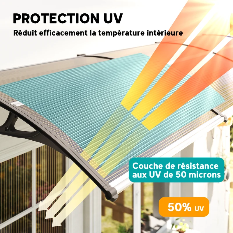 Auvent de porte incurvé 303 x 96 x 27 cm protection pluie et uv montage mural pose facile design en polycarbonate marron 21_0007105
