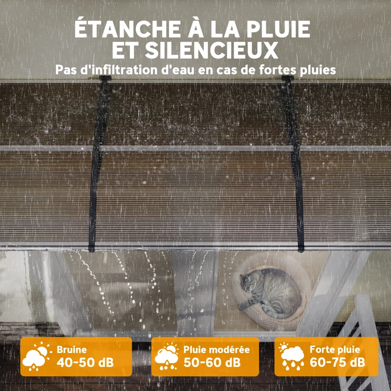 Auvent de porte incurvé 303 x 96 x 27 cm protection pluie et uv montage mural pose facile design en polycarbonate marron 21_0007105