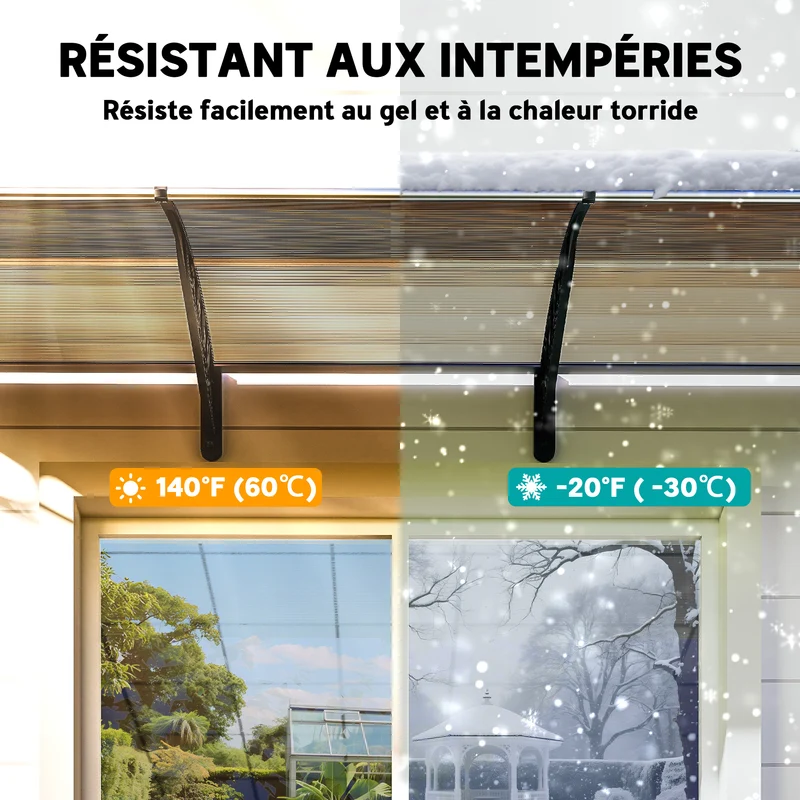 Auvent de porte incurvé 303 x 96 x 27 cm protection pluie et uv montage mural pose facile design en polycarbonate marron 21_0007105