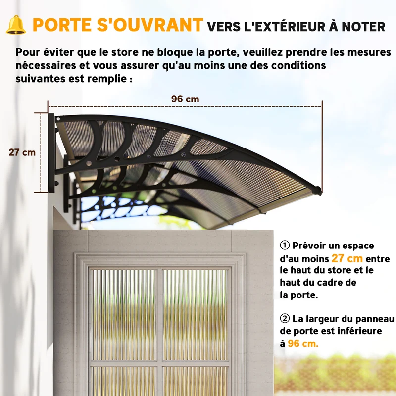 Auvent de porte incurvé 303 x 96 x 27 cm protection pluie et uv montage mural pose facile design en polycarbonate marron 21_0007105