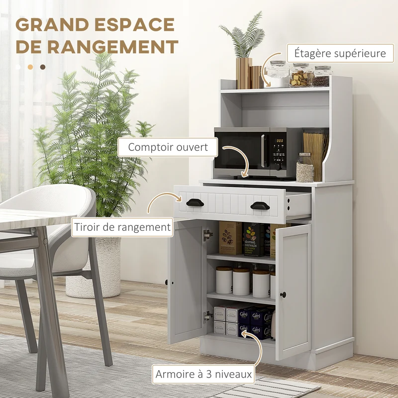 Armoire micro-ondes pour cuisine 61 x 35 x 125,4 cm rangement modulable tiroir coulissant moderne épuré en MDF blanc 21_0003222