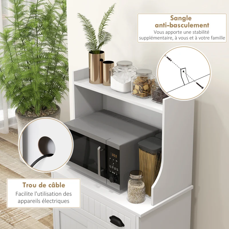 Armoire micro-ondes pour cuisine 61 x 35 x 125,4 cm rangement modulable tiroir coulissant moderne épuré en MDF blanc 21_0003222