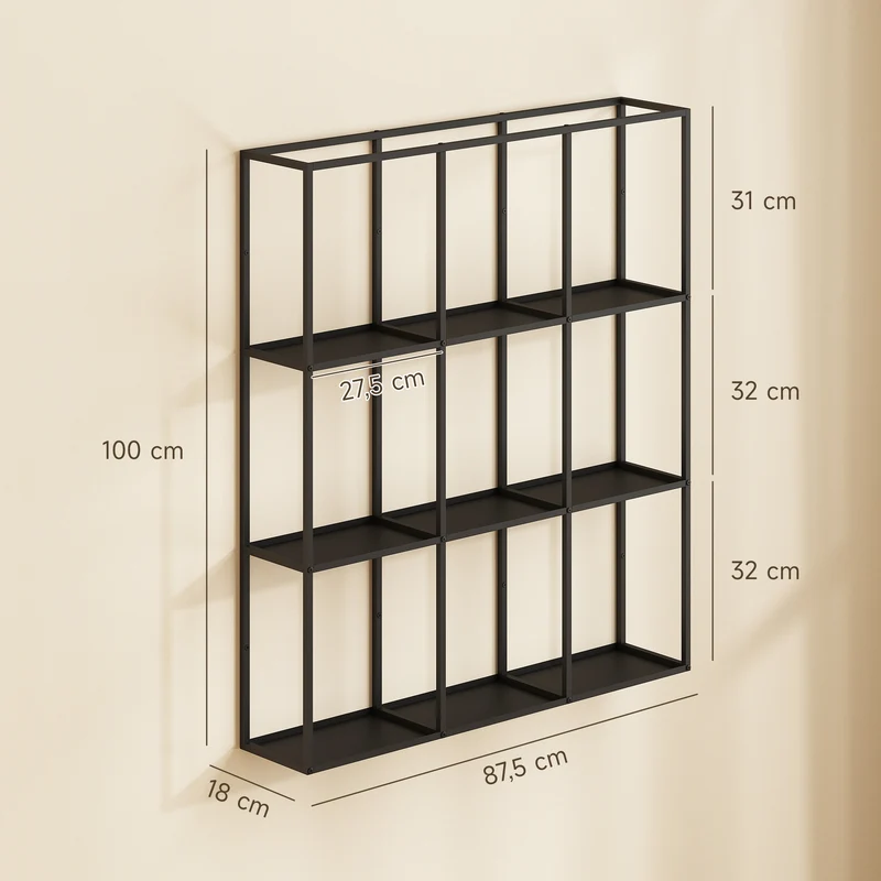 Étagère murale modulaire 9 compartiments 87.5 x 18 x 100 cm robuste charge 30 kg style industriel épuré en métal noir 21_0003722