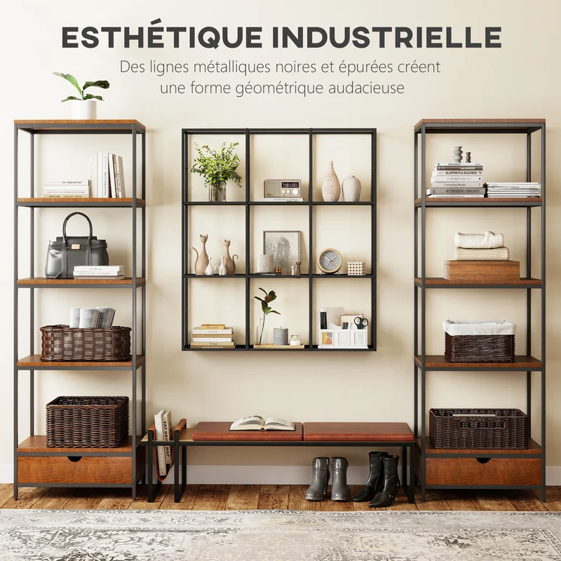Étagère murale modulaire 9 compartiments 87.5 x 18 x 100 cm robuste charge 30 kg style industriel épuré en métal noir 21_0003722