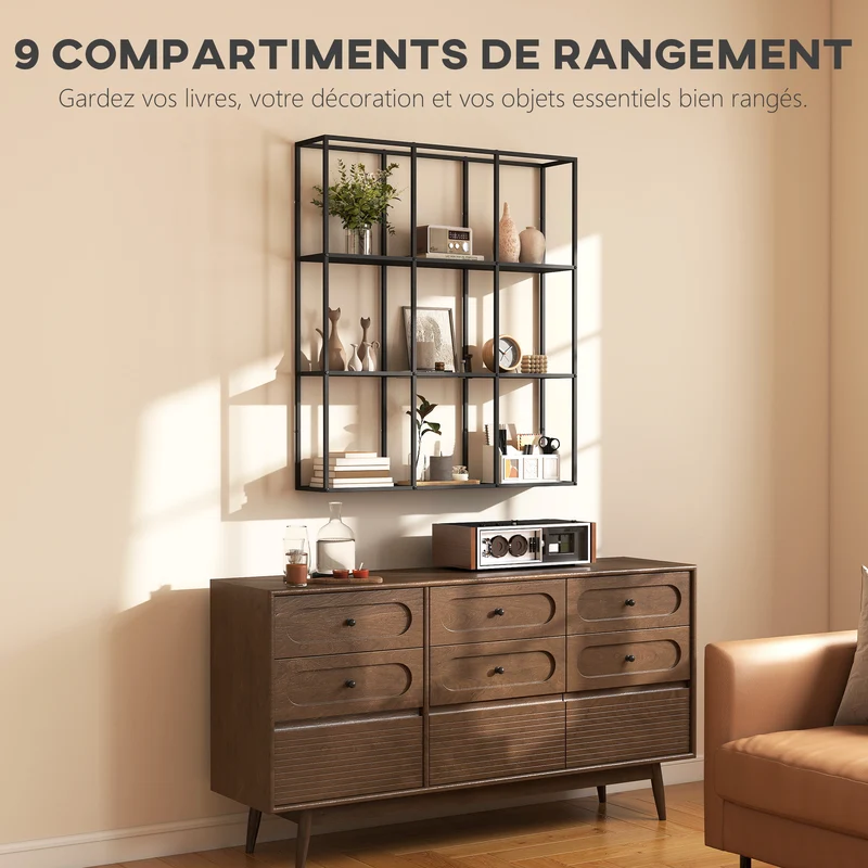 Étagère murale modulaire 9 compartiments 87.5 x 18 x 100 cm robuste charge 30 kg style industriel épuré en métal noir 21_0003722