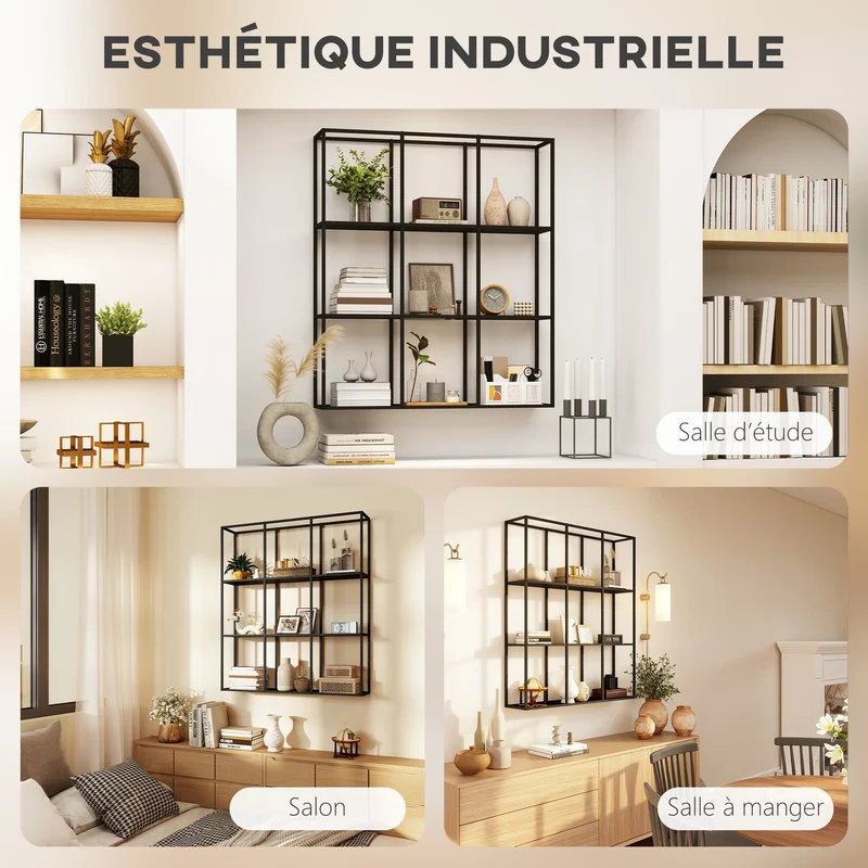 Étagère murale modulaire 9 compartiments 87.5 x 18 x 100 cm robuste charge 30 kg style industriel épuré en métal noir 21_0003722