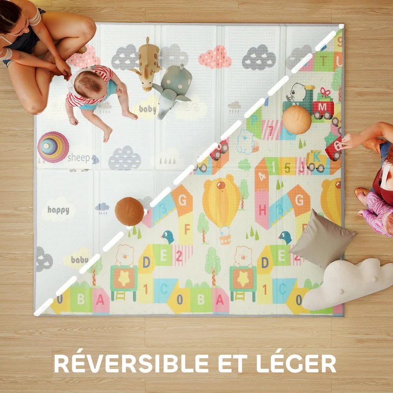 Tapis de jeu pour bébé pliable réversible 194 x 176,5 x 1,5 cm antidérapant lavable design scandinave en xpe multicolore 21_0000754