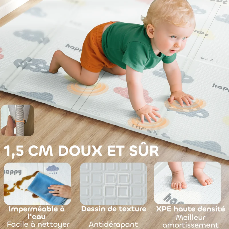 Tapis de jeu pour bébé pliable réversible 194 x 176,5 x 1,5 cm antidérapant lavable design scandinave en xpe multicolore 21_0000754