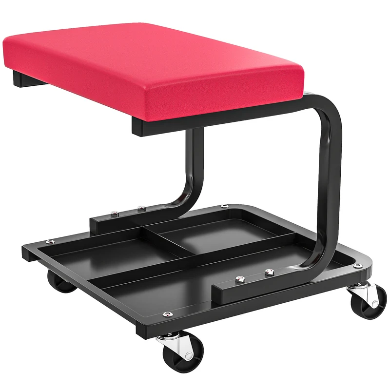 Tabouret d'atelier mobile roulettes 36,5 x 33,5 x 35 cm capacité 135 kg assise rembourrée industriel en acier rouge 21_0007182
