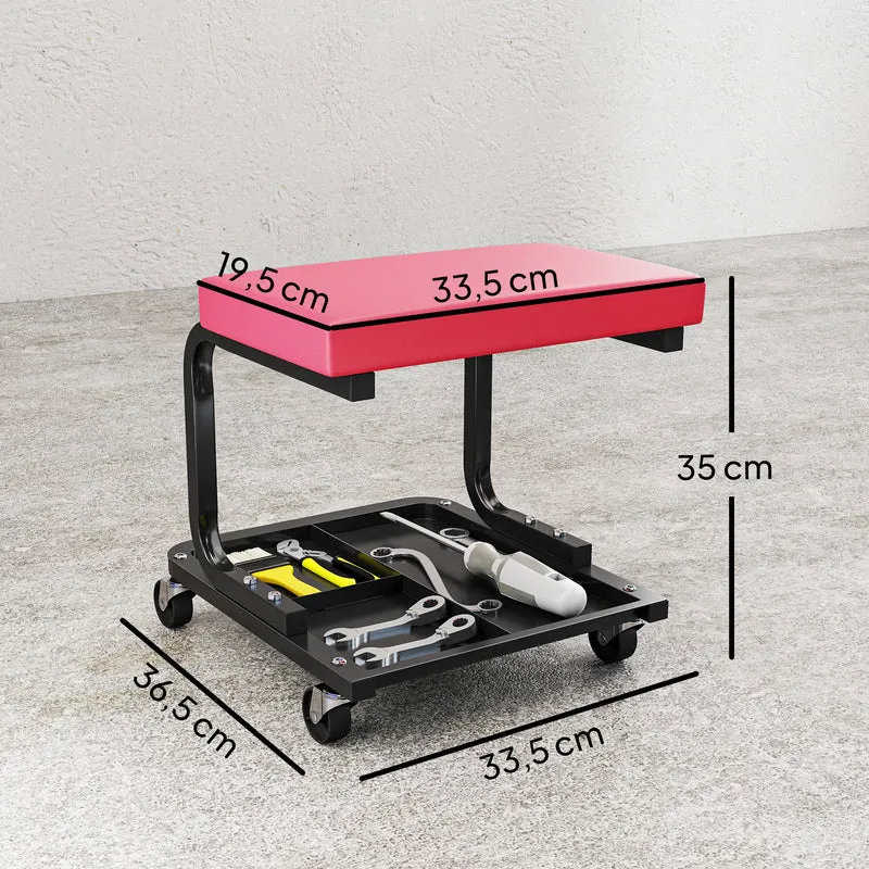 Tabouret d'atelier mobile roulettes 36,5 x 33,5 x 35 cm capacité 135 kg assise rembourrée industriel en acier rouge 21_0007182