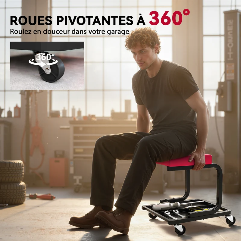 Tabouret d'atelier mobile roulettes 36,5 x 33,5 x 35 cm capacité 135 kg assise rembourrée industriel en acier rouge 21_0007182