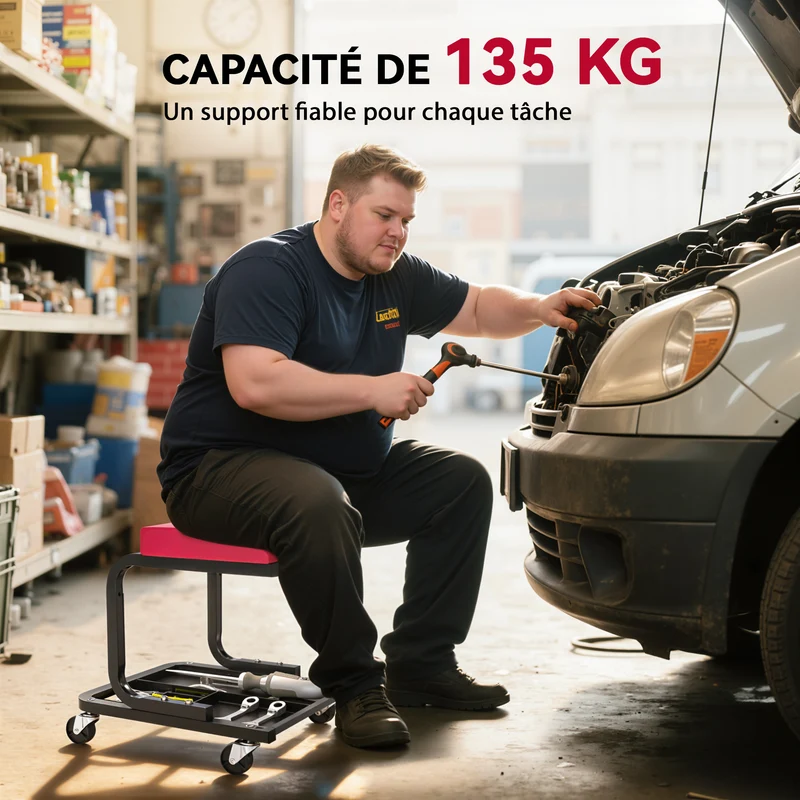 Tabouret d'atelier mobile roulettes 36,5 x 33,5 x 35 cm capacité 135 kg assise rembourrée industriel en acier rouge 21_0007182