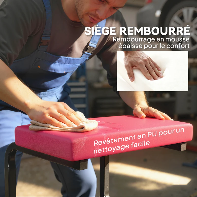 Tabouret d'atelier mobile roulettes 36,5 x 33,5 x 35 cm capacité 135 kg assise rembourrée industriel en acier rouge 21_0007182