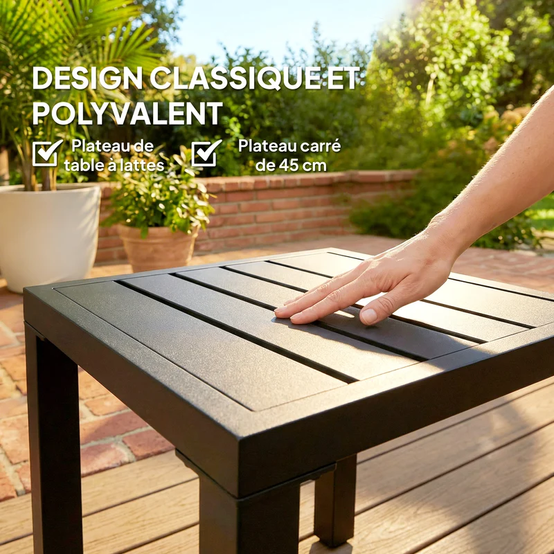 Table de jardin carrée pour balcon salon 45 x 45 x 45,5 cm pieds réglables stabilité style classique épuré en métal noir 21_0005374