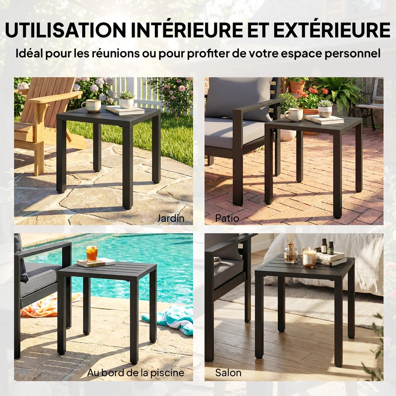 Table de jardin carrée pour balcon salon 45 x 45 x 45,5 cm pieds réglables stabilité style classique épuré en métal noir 21_0005374