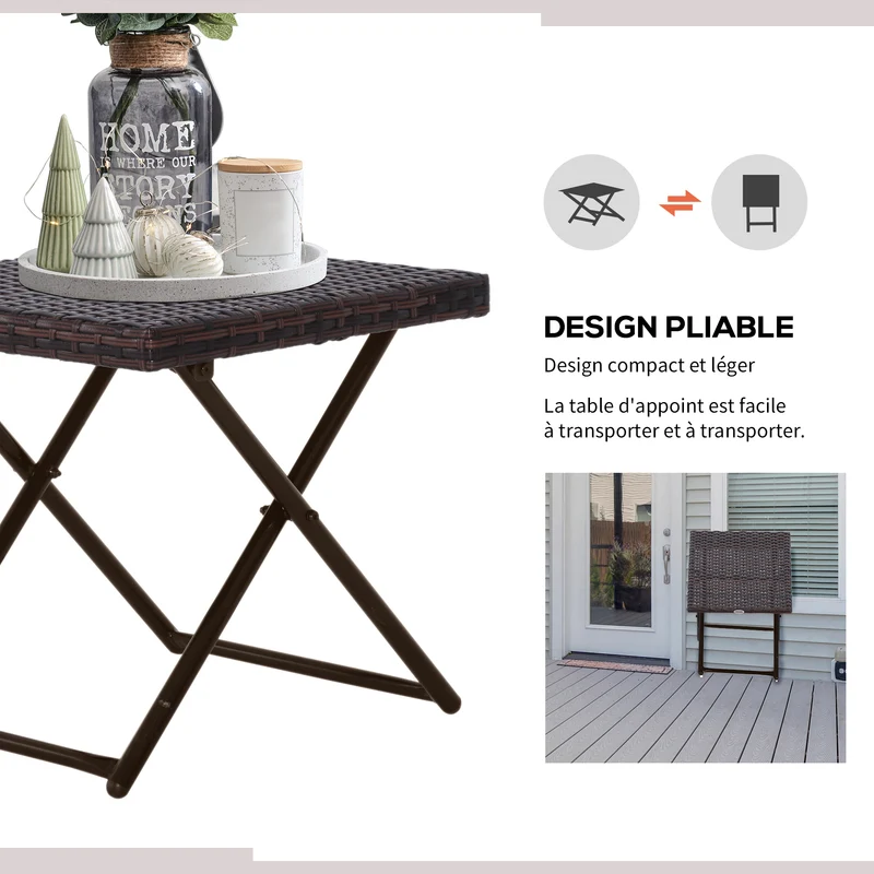 Table basse pliable carrée 40 x 40 x 40 cm gain de place pliage rapide tendance salon jardin en résine tressée marron 21_0006041