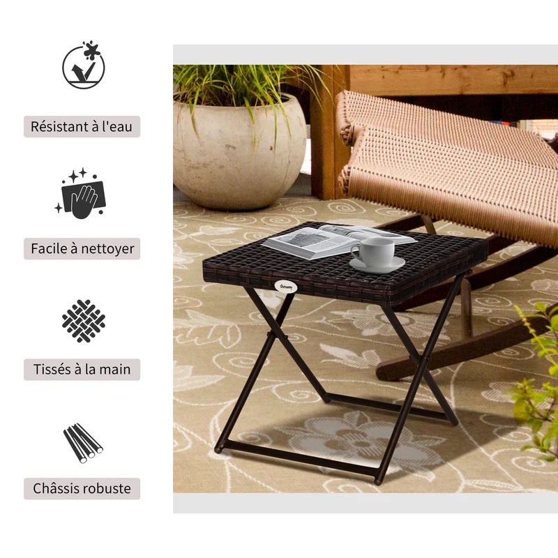 Table basse pliable carrée 40 x 40 x 40 cm gain de place pliage rapide tendance salon jardin en résine tressée marron 21_0006041